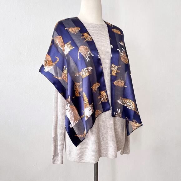 Vintage Animal Print Cats Scarf Wrap Semi Sheer Striped Blue White Orange Satin - Picture 1 of 8